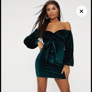 VELVET BALLOON SLEEVE WRAP BARDOT BODYCON DRESS